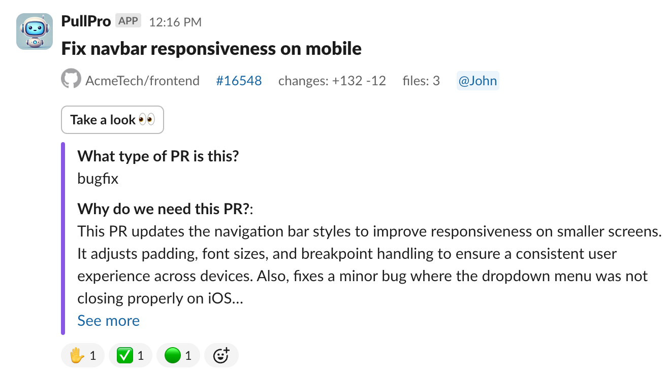 A PullPro pull request post in Slack, with reactions showing it was claimed, approved and passed CI