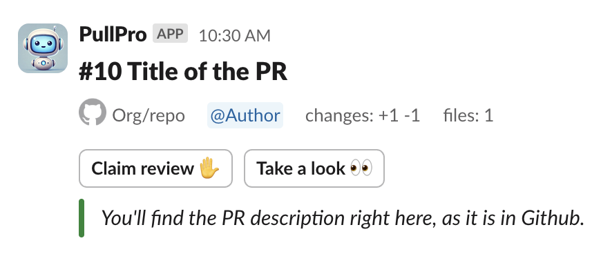 A pull request posted to Slack, with buttons to claim the review or open it on GitHub.