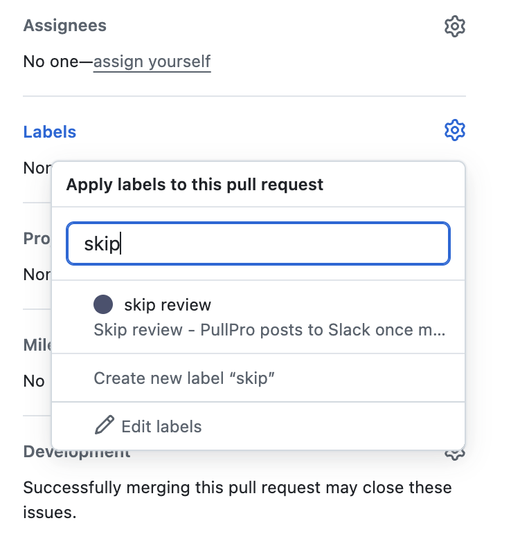 Applying the skip review label to a pull request in GitHub.