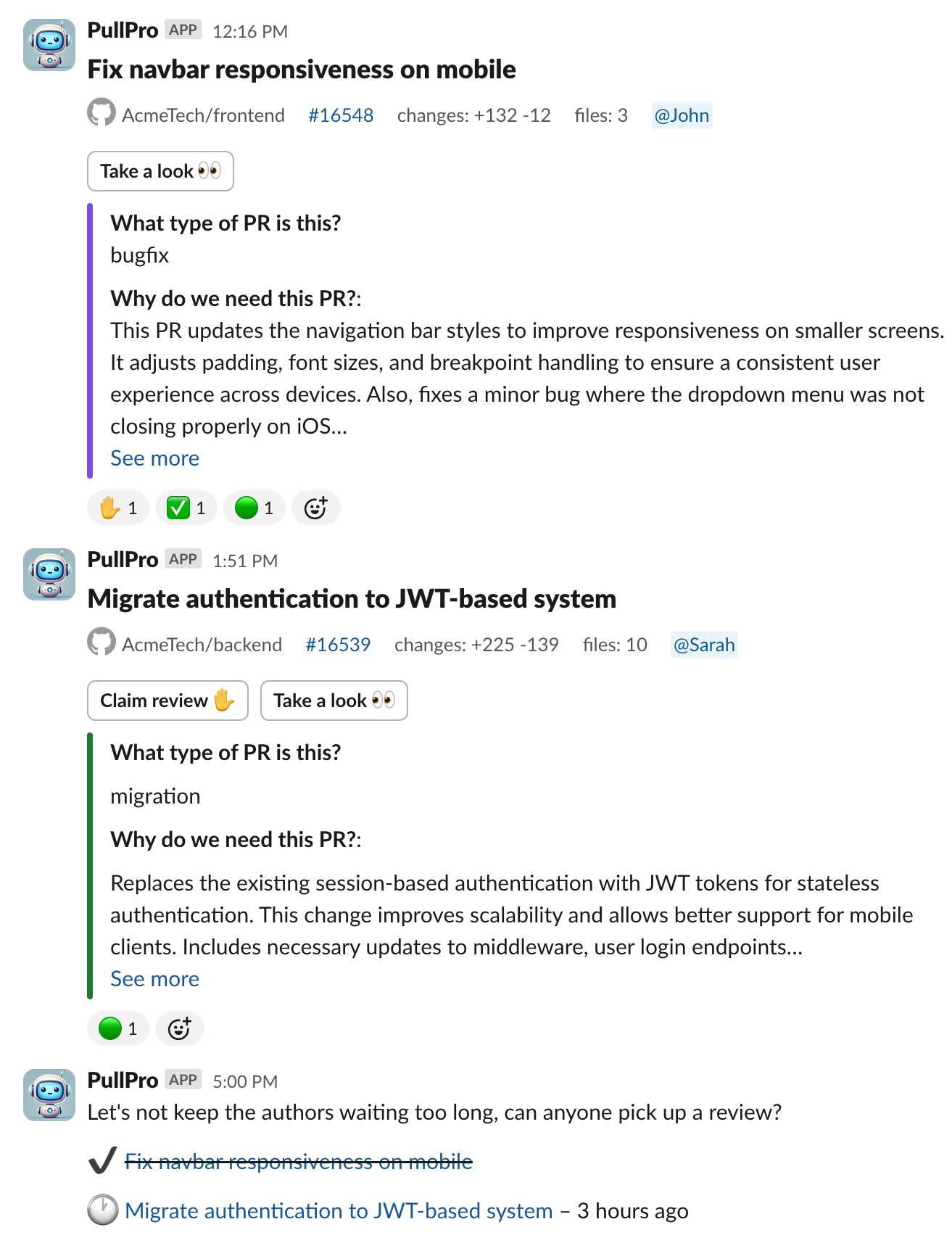 Slack channel view with pull requets and a reminder shared from PullPro